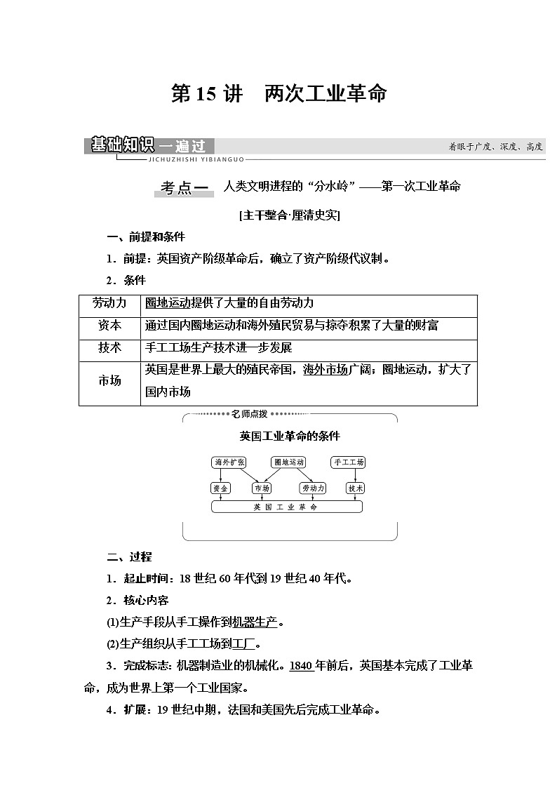 2021高考江苏专用历史一轮点复习教师用书：模块2第7单元第15讲　两次工业革命01
