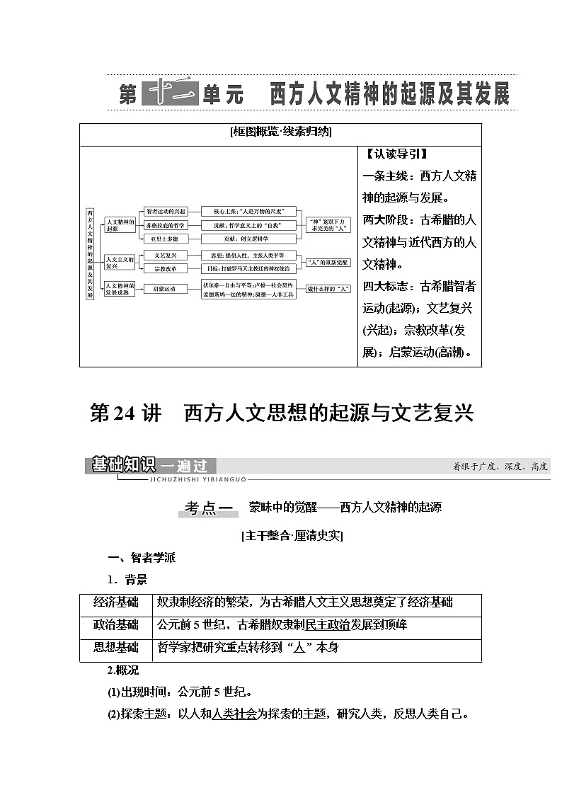 2021高考江苏专用历史一轮点复习教师用书：模块3第12单元第24讲　西方人文思想的起源与文艺复兴第1页