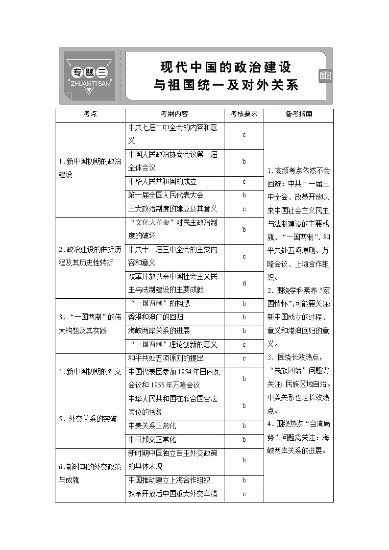 2021版浙江新高考选考历史一轮复习教师用书：第6讲　新中国的政治建设与祖国统一第1页