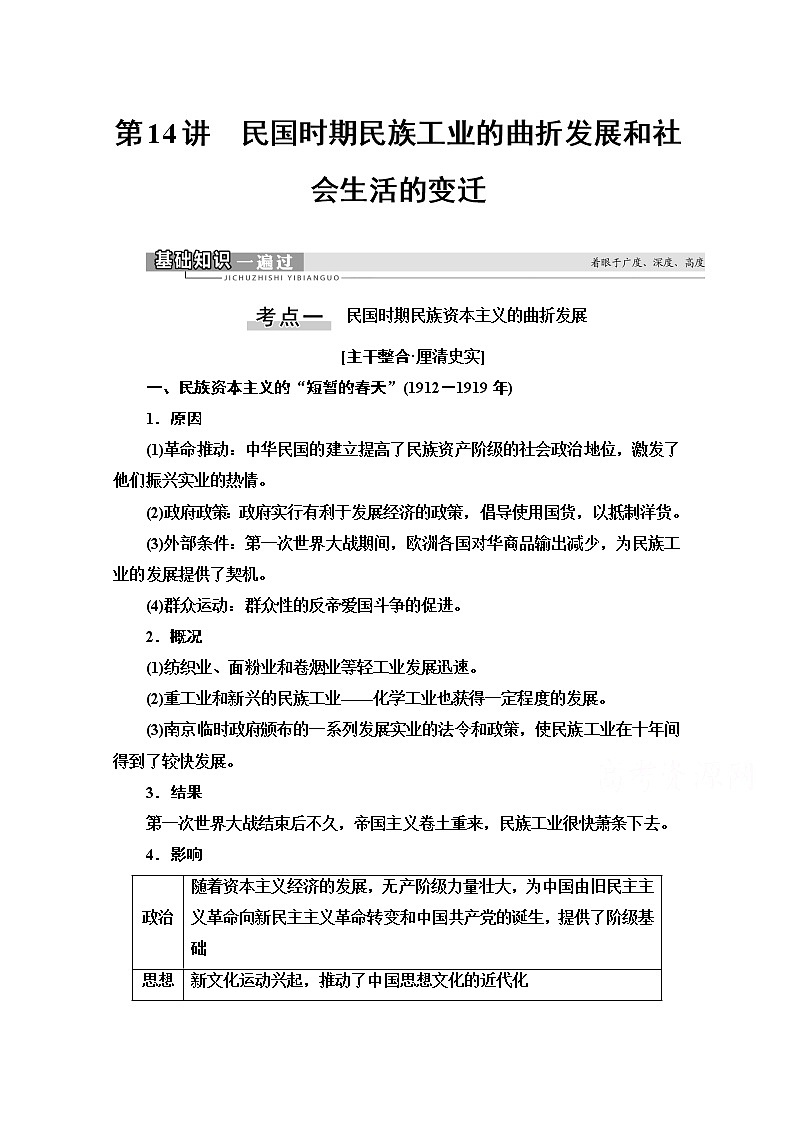 2021版高考历史一轮通史版教师用书：第2部分第6单元第14讲　民国时期民族工业的曲折发展和社会生活的变迁第1页