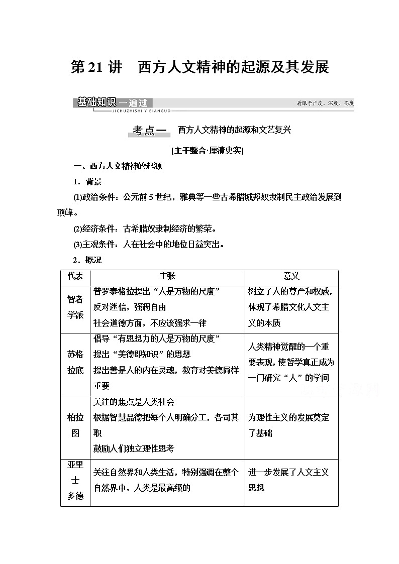 2021版高考历史一轮通史版教师用书：第3部分第8单元第21讲　西方人文精神的起源及其发展第1页