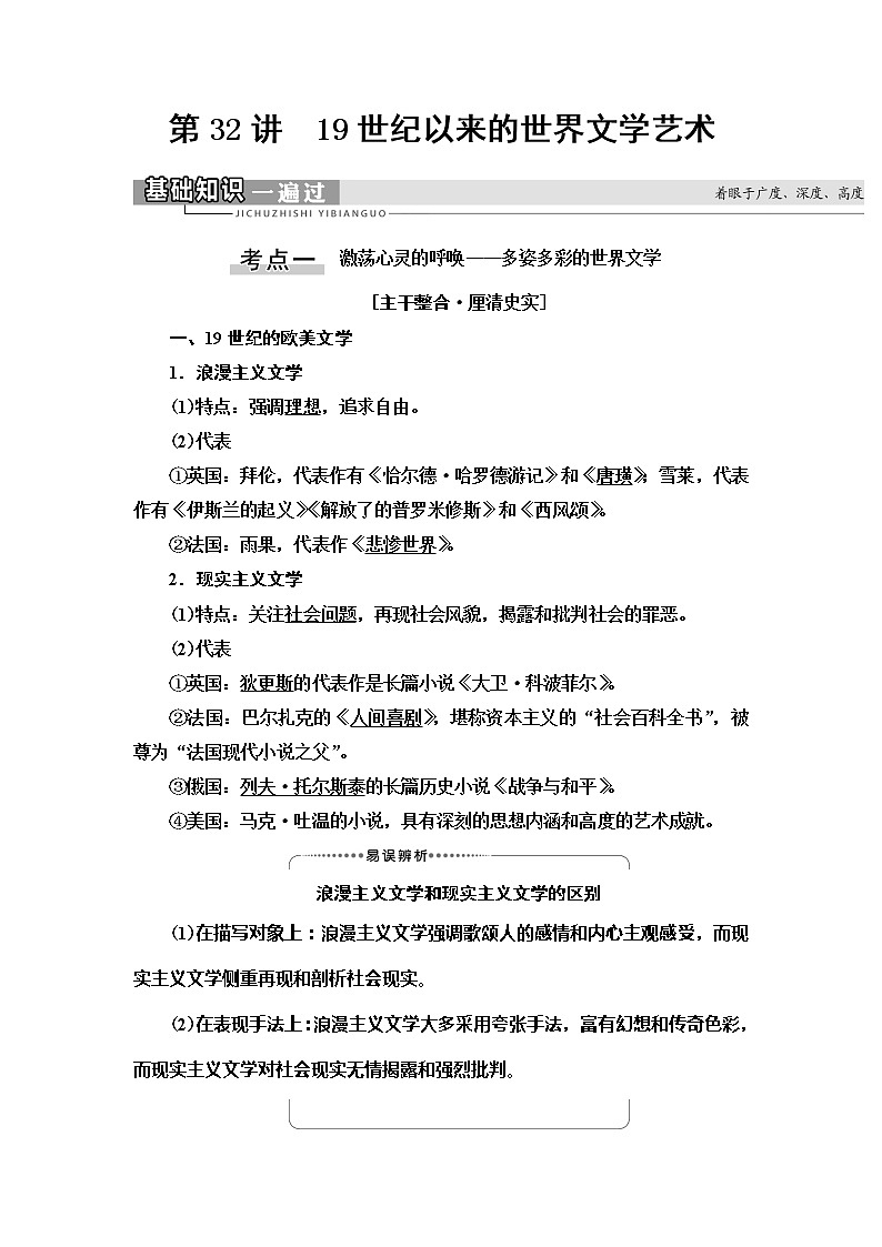 2021版高考历史大一轮复习北师大版讲义：模块3第14单元第32讲　19世纪以来的世界文学艺术01