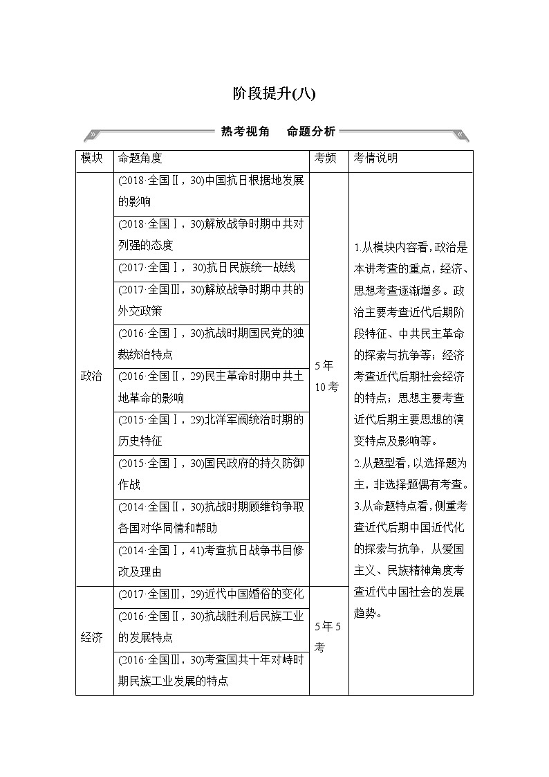 2020版高考历史一轮岳麓版通史复习教师用书：阶段提升（八）近代中国民主革命的新方向——五四运动至新中国成立前第1页