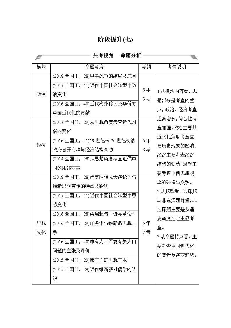 2020版高考历史一轮岳麓版通史复习教师用书：阶段提升（七）近代中国的觉醒与探索——中日甲午战争至五四运动前第1页