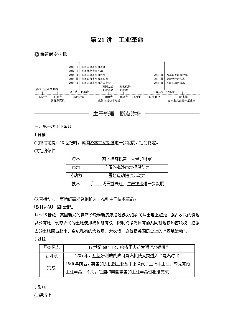 2020版高考历史大一轮人教版讲义：必修2第七单元第21讲工业革命第1页