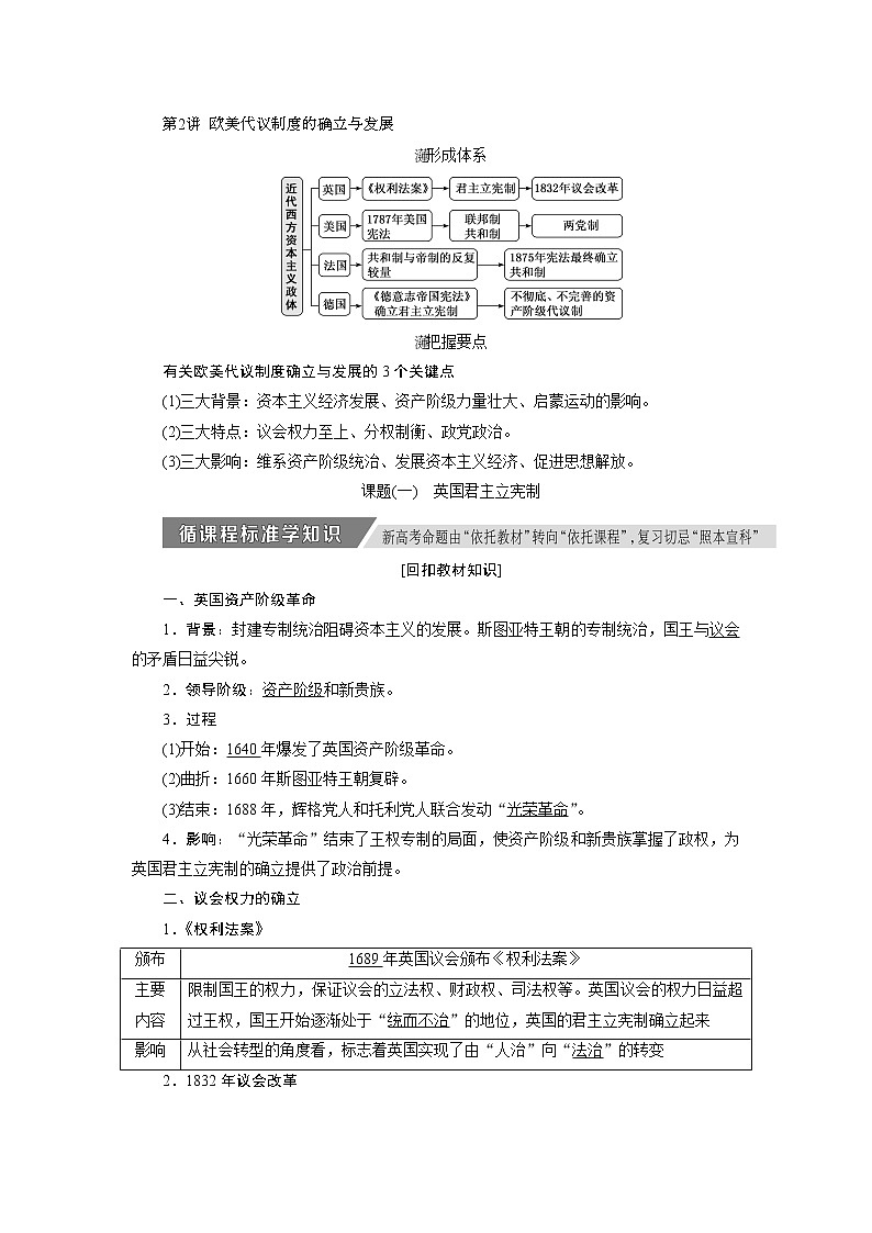 2020版高考历史新创新一轮复习人教版讲义：必修一第二单元第2讲欧美代议制度的确立与发展第1页