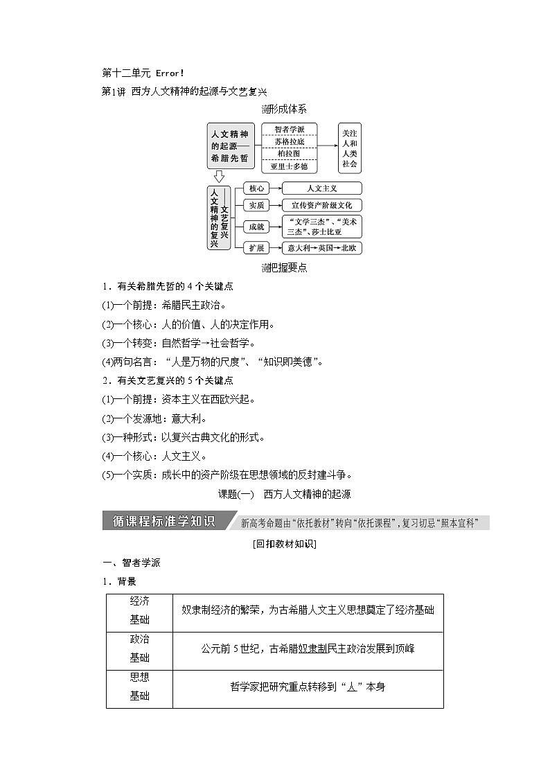 2020版高考历史新创新一轮复习岳麓版讲义：必修三第十二单元第1讲　西方人文精神的起源与文艺复兴01