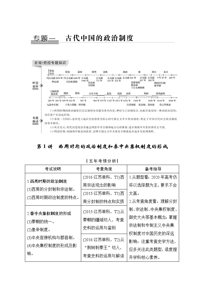 2020版高考历史新设计大一轮人民江苏专用版讲义：专题一中国古代的政治制度第1讲01