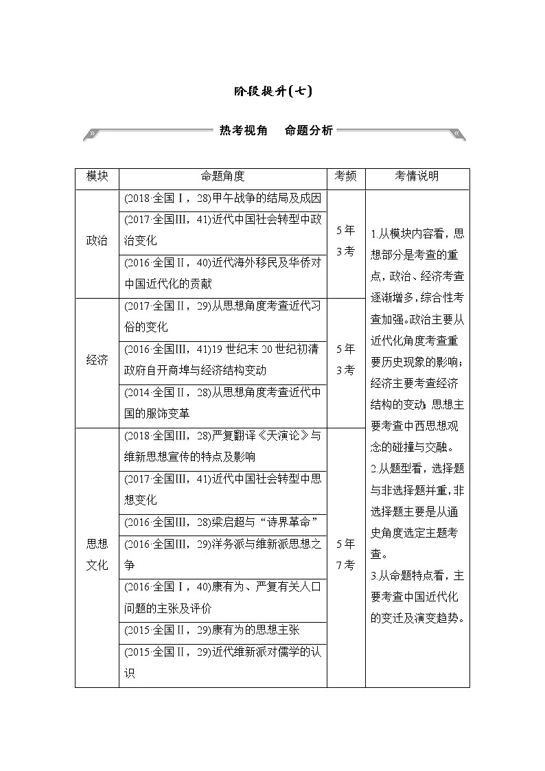 2020版高考历史新设计大一轮通史人教版讲义：阶段七近代中国的觉醒与探索阶段提升（七）第1页