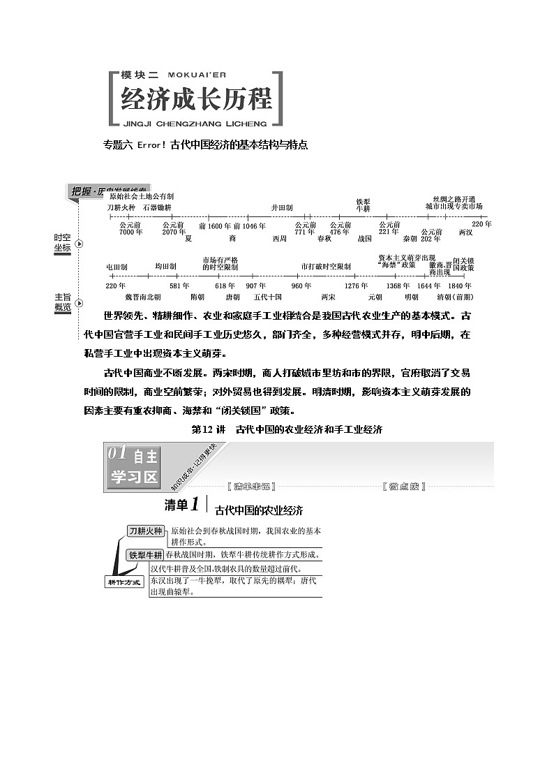 2020版高考一轮复习历史人民版江苏专版学案：模块二专题六第12讲　古代中国的农业经济和手工业经济01
