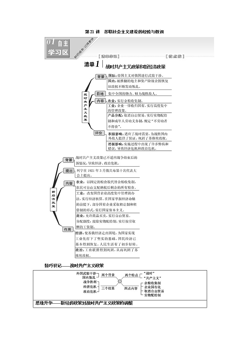 2020版高考一轮复习历史人民版江苏专版学案：模块二专题十第21讲　苏联社会主义建设的经验与教训01