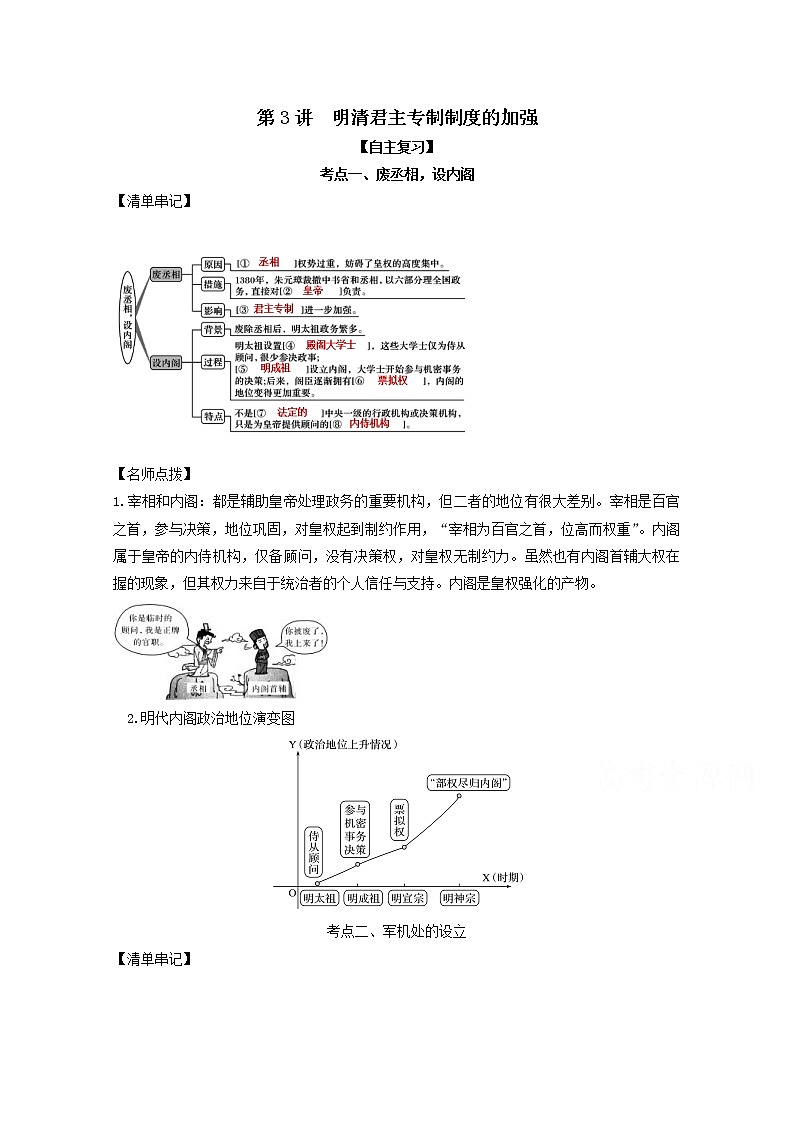 2021年高考历史思维导图一轮复习学案之政治史（人教版）1-3明清君主专制制度的加强01