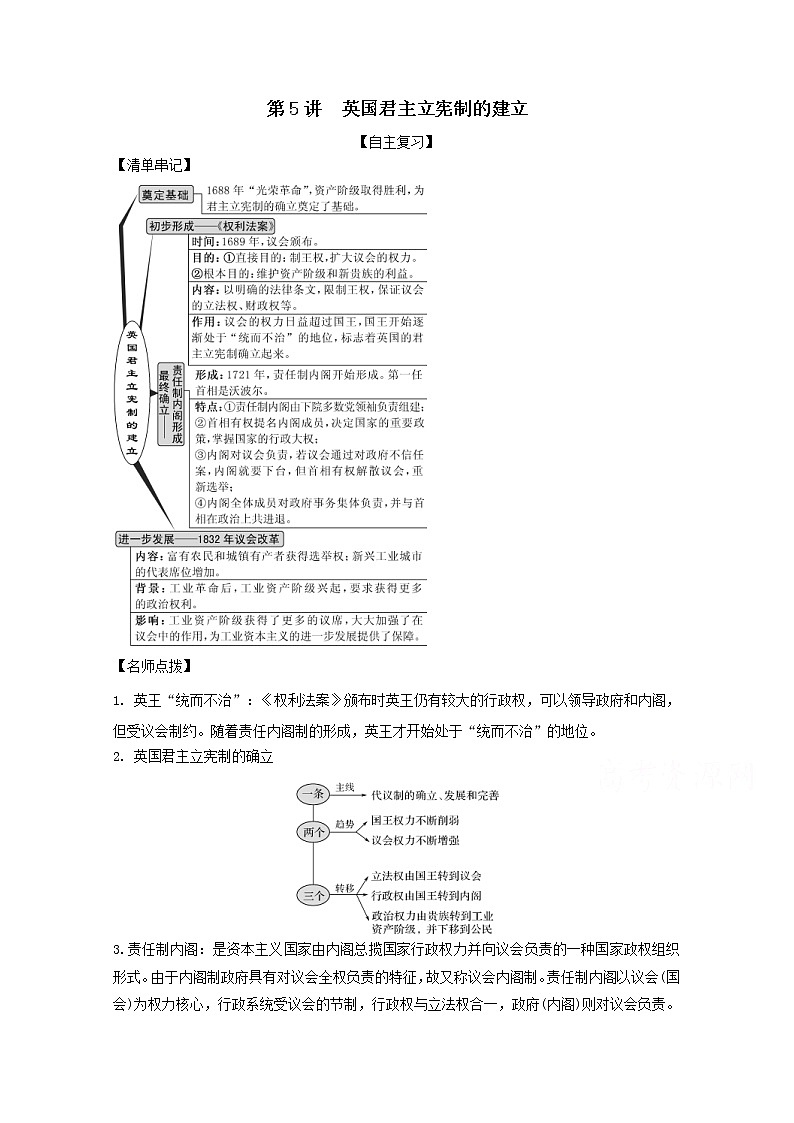 2021年高考历史思维导图一轮复习学案之政治史（人教版）2-5英国君主立宪制的建立01