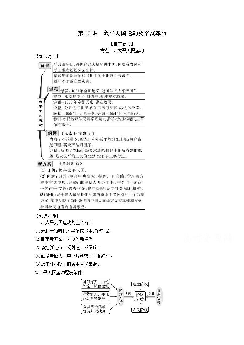 2021年高考历史思维导图一轮复习学案之政治史（人教版）3-10太平天国运动及辛亥革命01