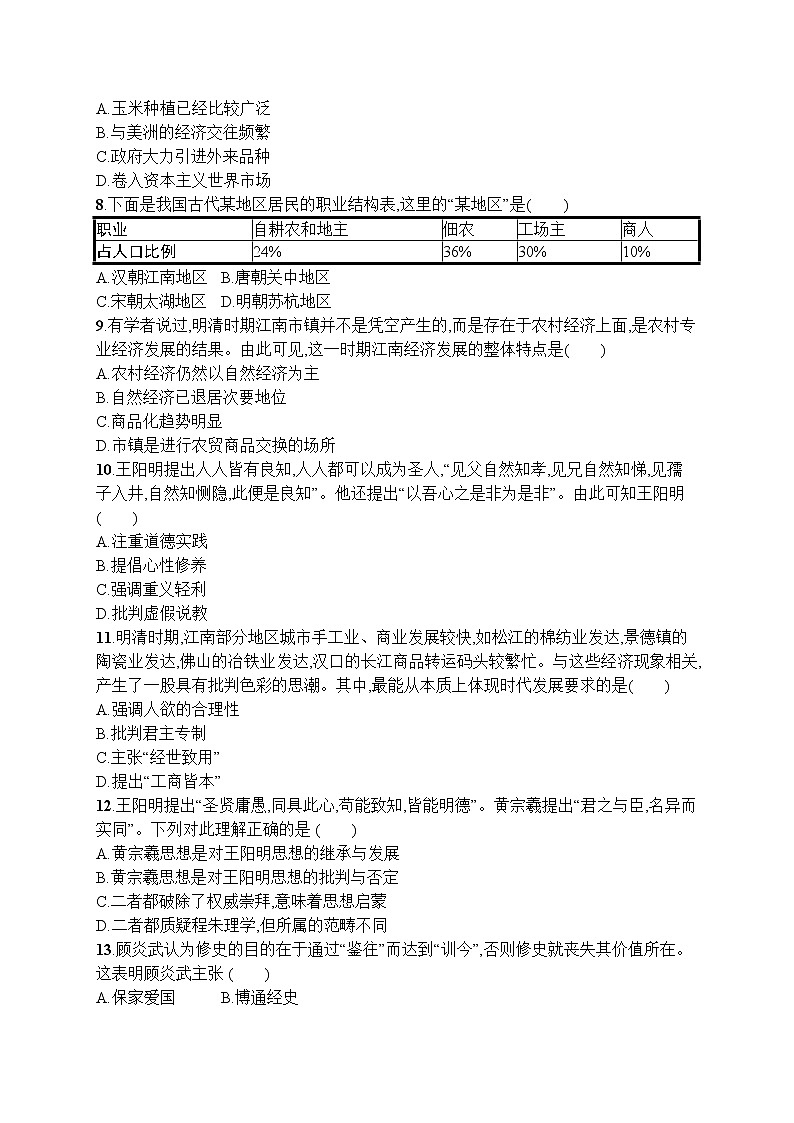 高中历史人教版(2019)(必修上)第15课　明至清中叶的经济与文化 试卷02