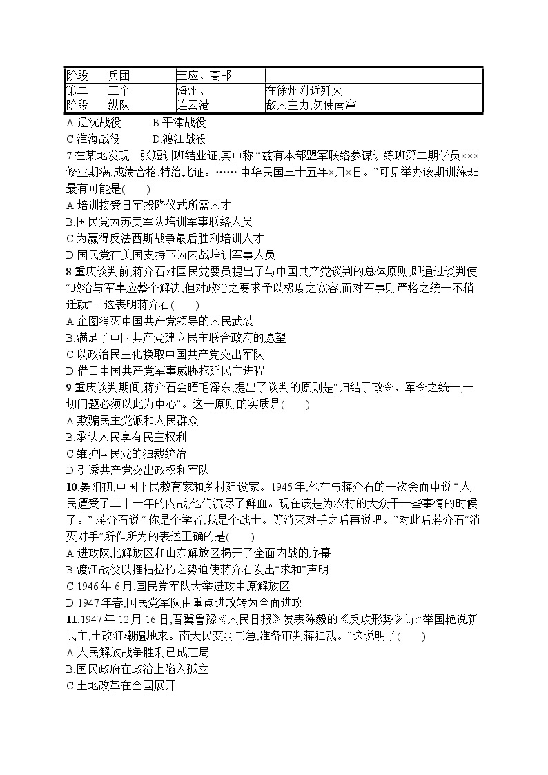 高中历史人教版(2019)(必修上)第25课　人民解放战争 试卷02
