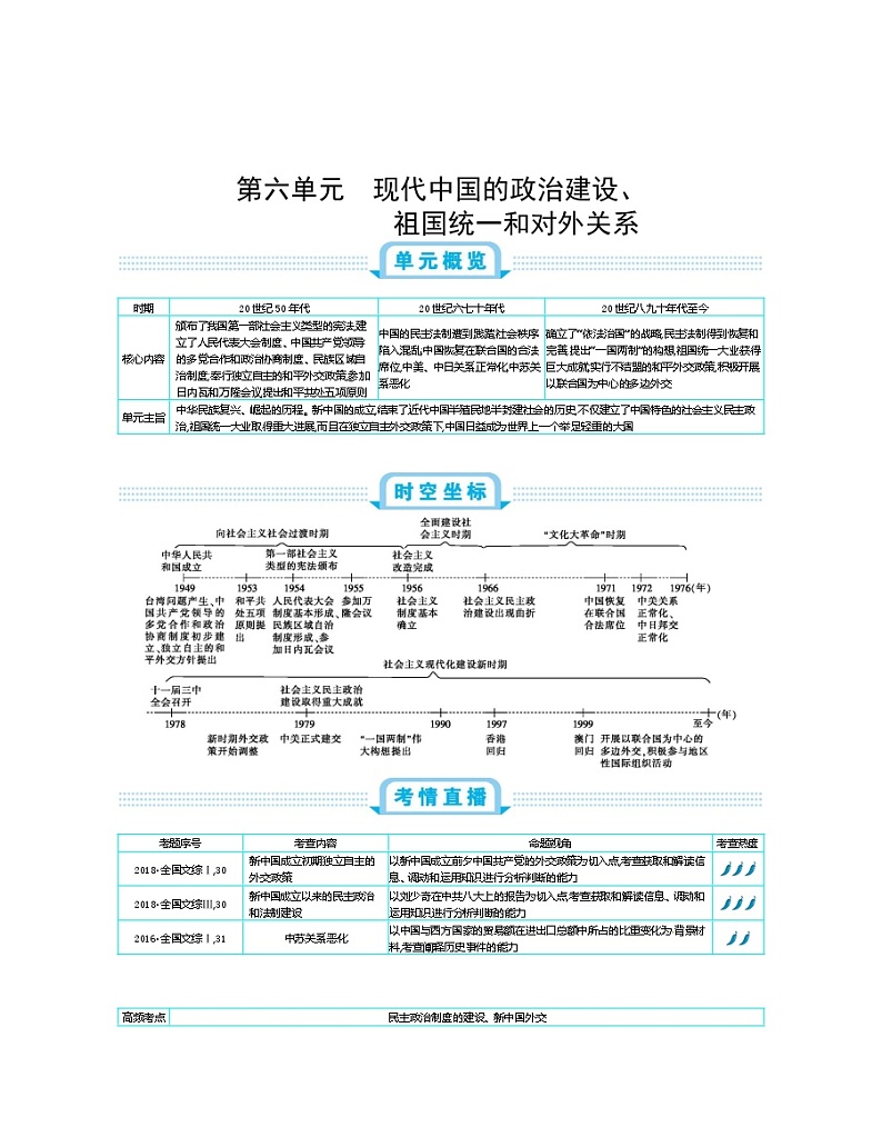 2020版《新考案》历史高考一轮总复习【人教版】教师用书：第6单元现代中国的政治建设、祖国统1和对外关系　第1页