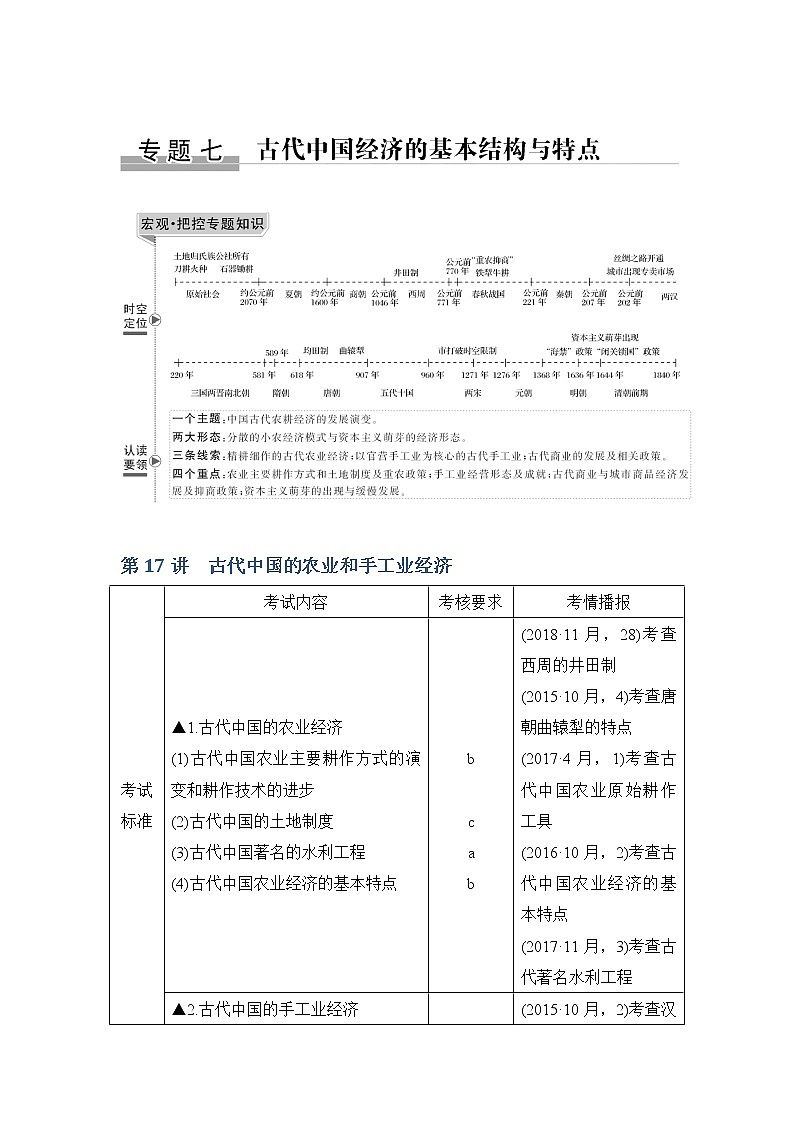 2020版历史浙江高考新选考精品一轮复习讲义：专题七第17讲古代中国的农业和手工业经济第1页