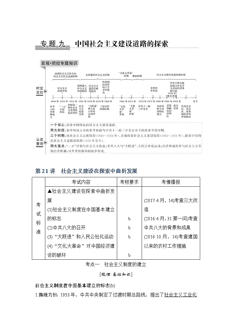 2020版历史浙江高考新选考精品一轮复习讲义：专题九第21讲社会主义建设在探索中曲折发展第1页