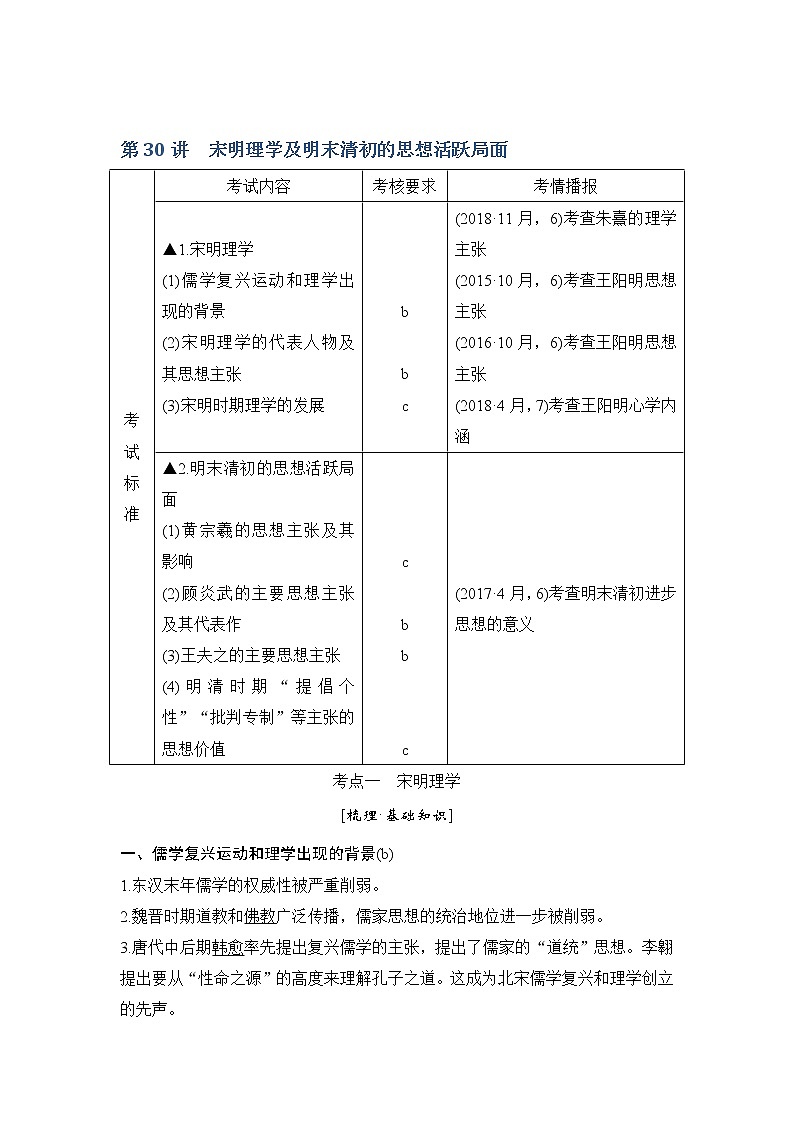 2020版历史浙江高考新选考精品一轮复习讲义：专题十三第30讲宋明理学及明末清初的思想活跃局面第1页
