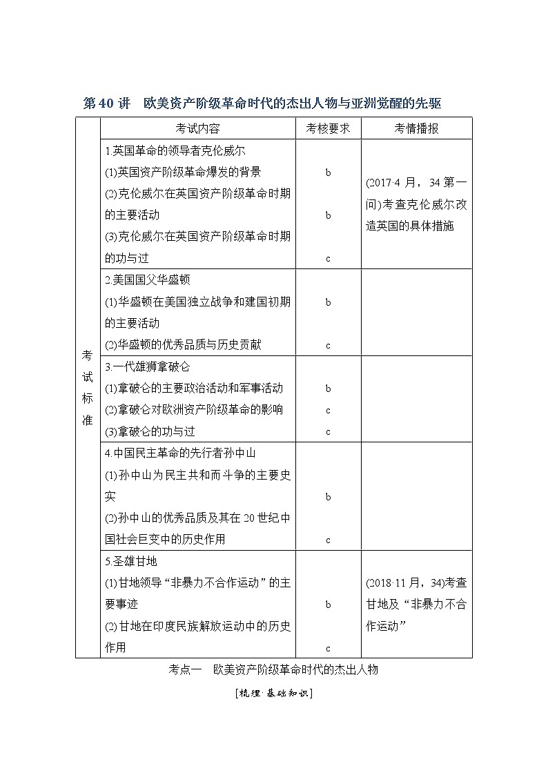 2020版历史浙江高考新选考精品一轮复习讲义：选修四第40讲欧美资产阶级革命时代的杰出人物与亚洲觉醒的先驱第1页