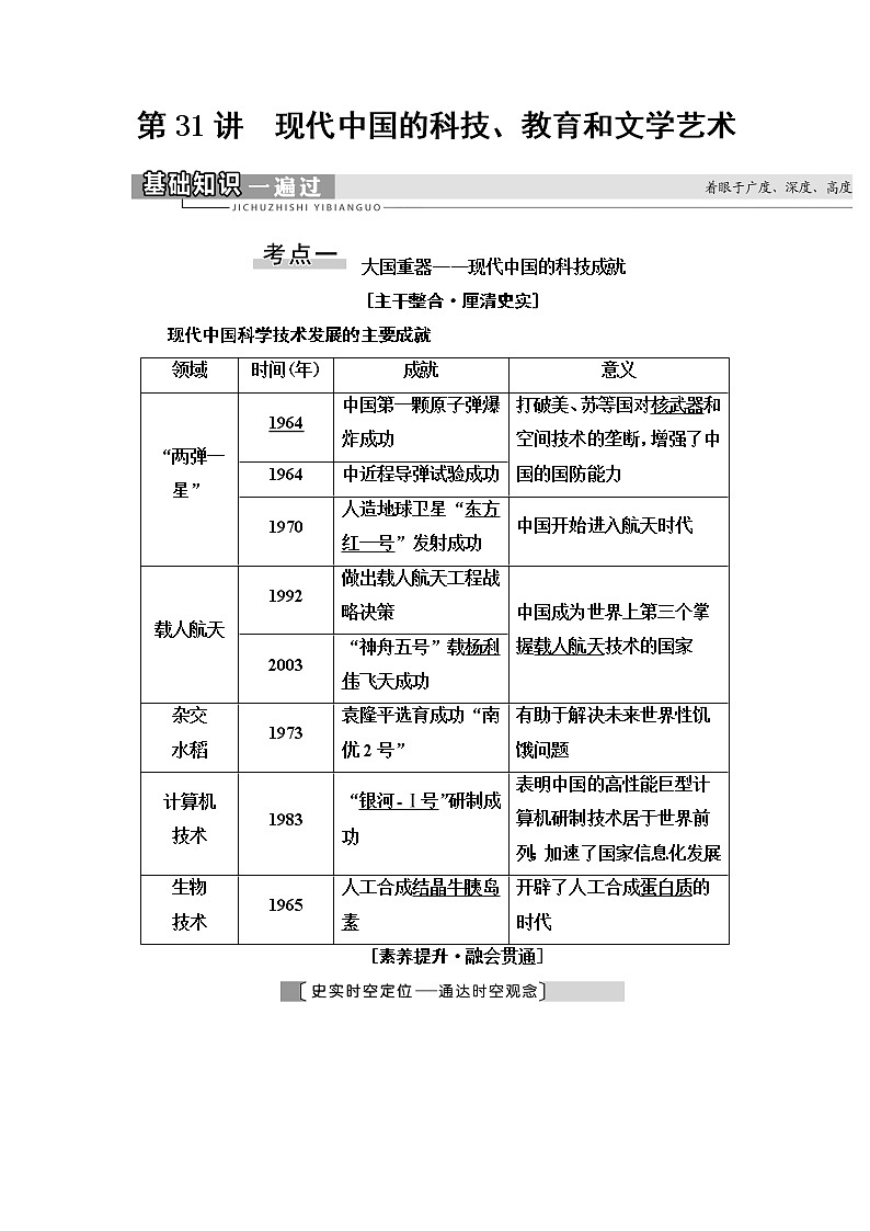 2021届新高考历史人教版一轮复习学案：模块3第14单元第31讲　现代中国的科技、教育和文学艺术01