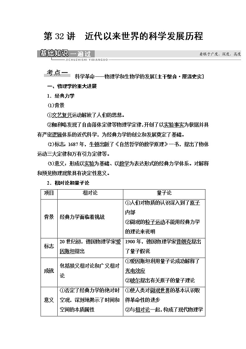 2021届新高考历史人教版一轮复习学案：模块3第14单元第32讲　近代以来世界的科学发展历程第1页