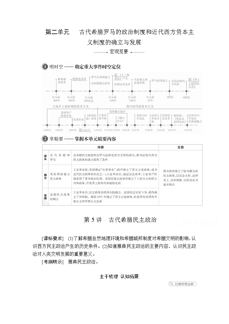 2021届高考历史人教版一轮创新学案与作业：第二单元第5讲古代希腊民主政治01