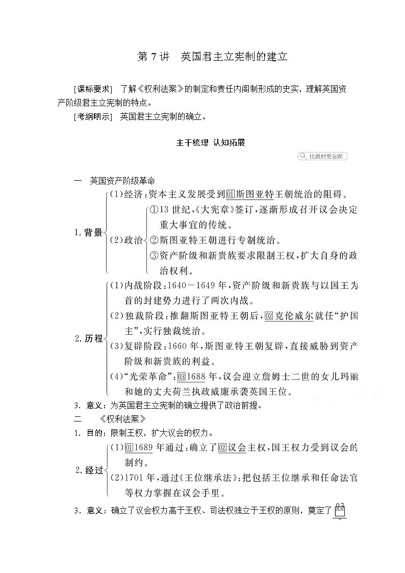 2021届高考历史人教版一轮创新学案与作业：第二单元第7讲英国君主立宪制的建立01