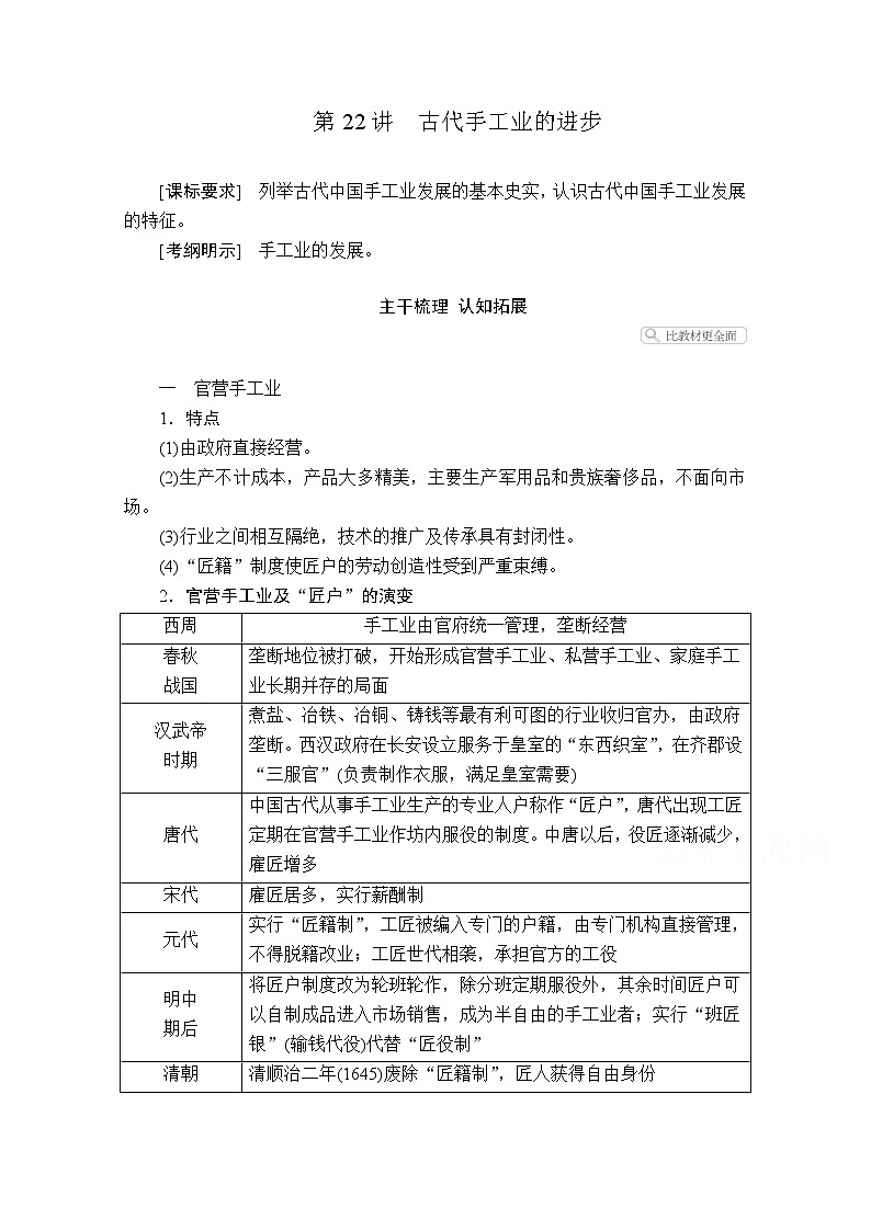 2021届高考历史人教版一轮创新学案与作业：第六单元第22讲古代手工业的进步01