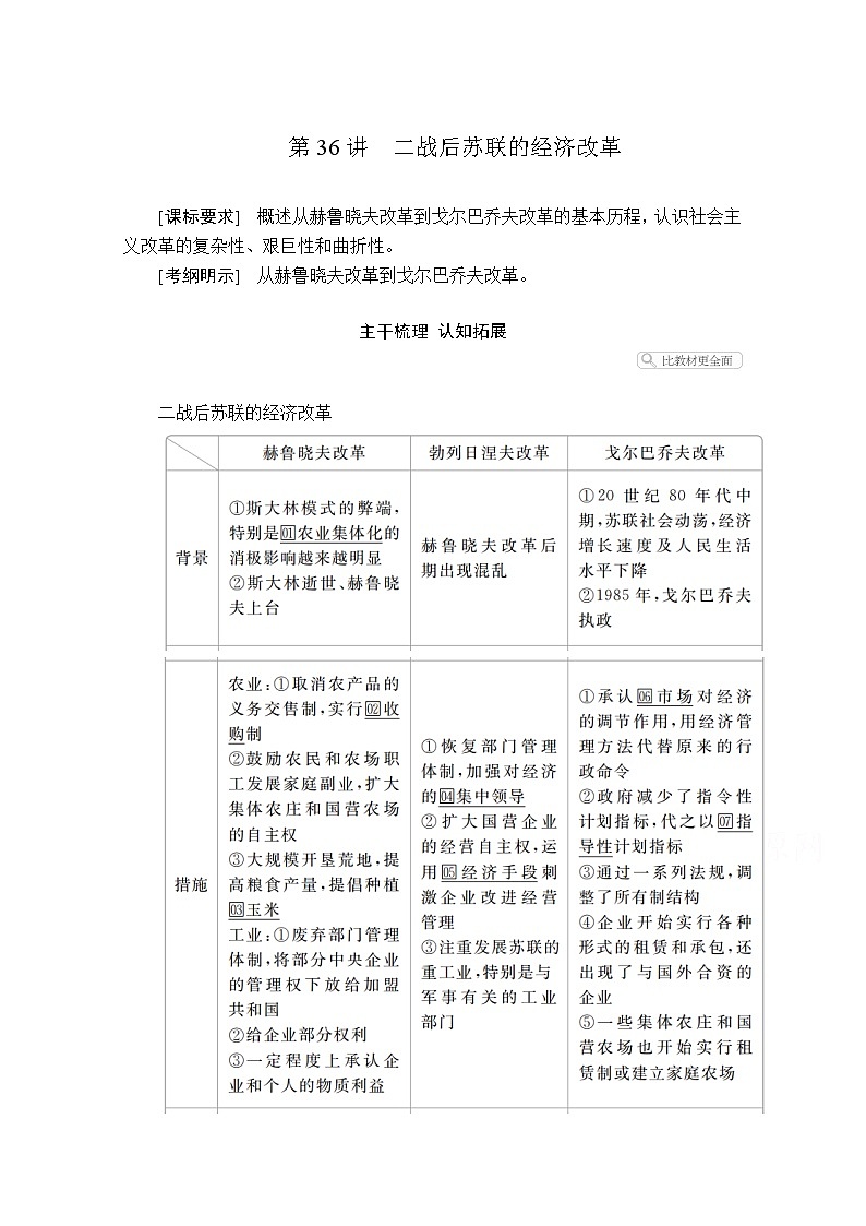2021届高考历史人教版一轮创新学案与作业：第九单元第36讲二战后苏联的经济改革01
