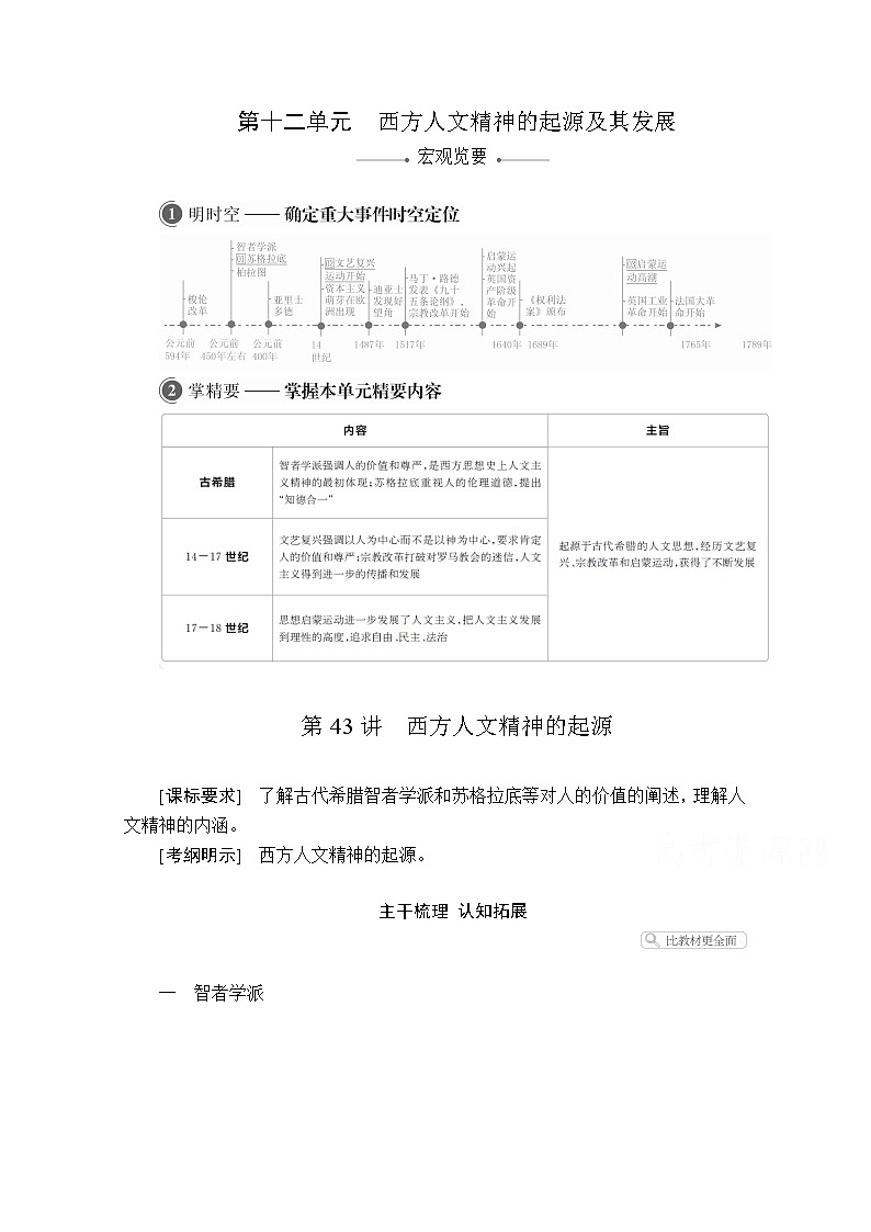 2021届高考历史人教版一轮创新学案与作业：第十二单元第43讲西方人文精神的起源01