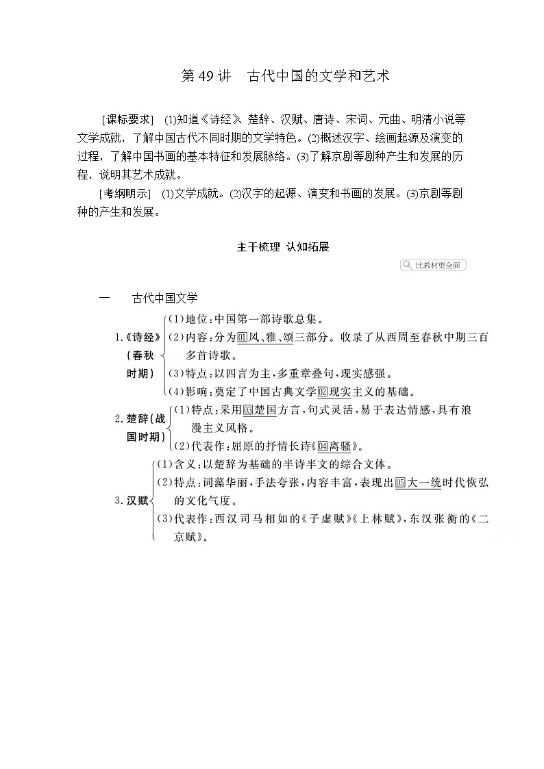 2021届高考历史人教版一轮创新学案与作业：第十四单元第49讲古代中国的文学和艺术01