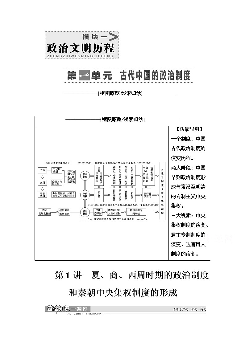2021高三历史人教版一轮教师用书：第1单元第1讲　夏、商、西周时期的政治制度和秦朝中央集权制度的形成第1页