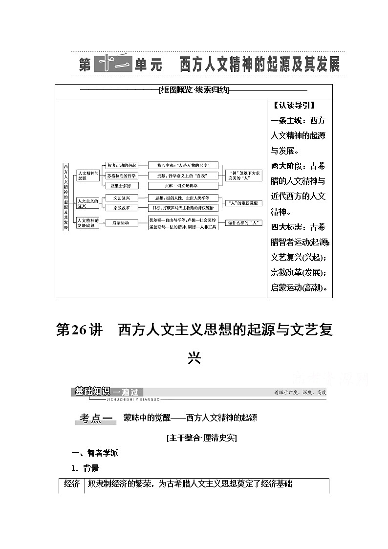 2021高三历史人教版一轮教师用书：第12单元第26讲　西方人文主义思想的起源与文艺复兴01