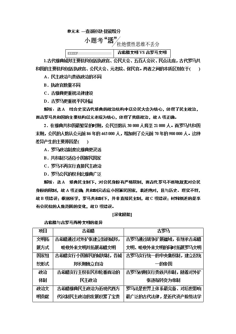 2020版一轮复习历史专题复习模式人教版学案：第二单元单元末—查漏补缺提能增分01