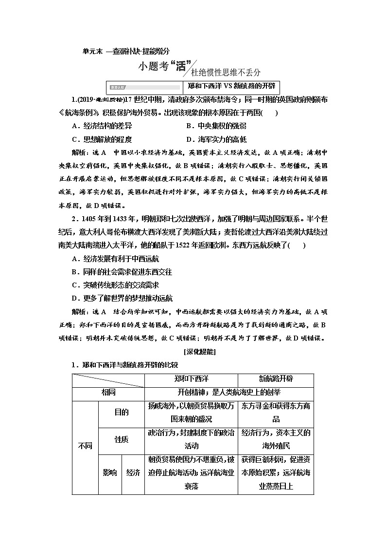2020高考历史新一线大一轮专题复习模式岳麓版讲义：第七单元单元末—查漏补缺提能增分01