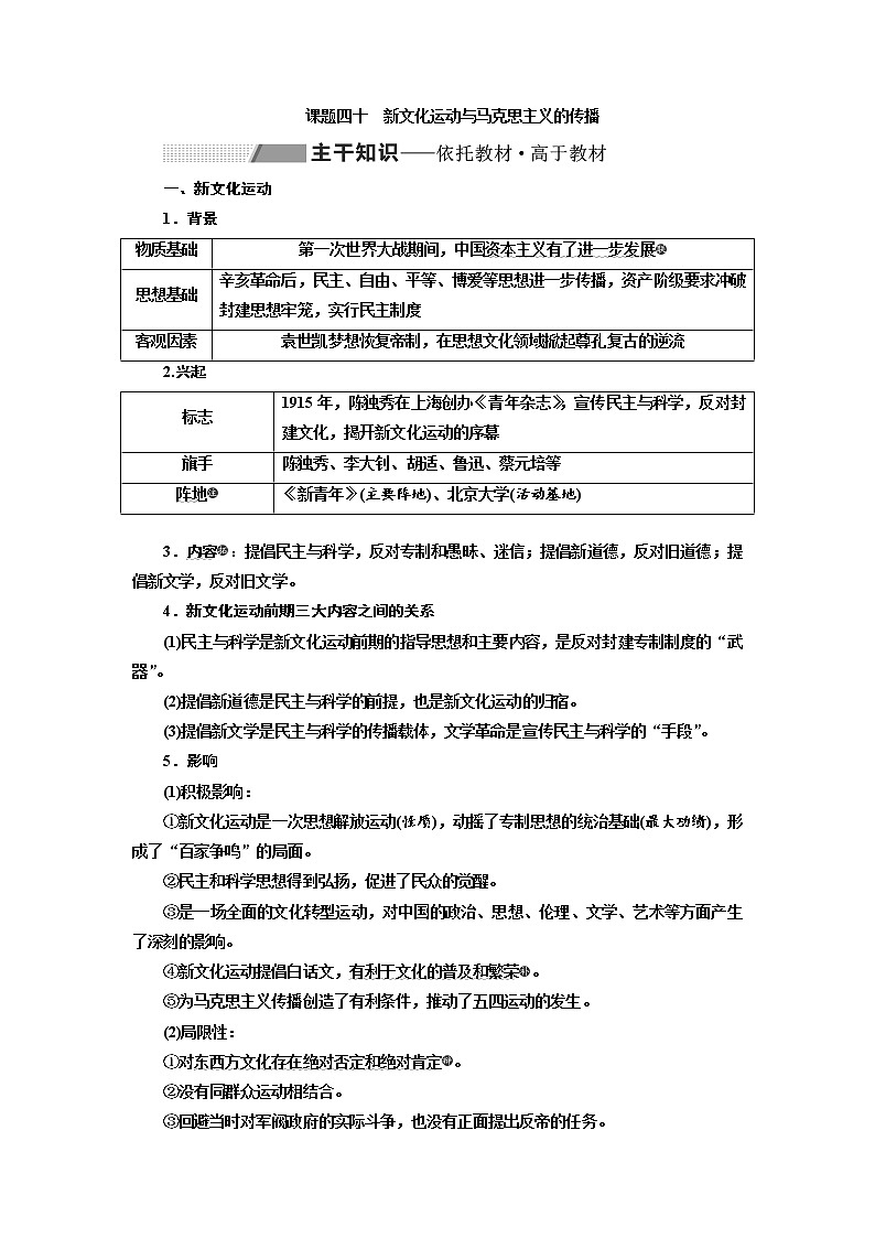 2020高考历史新一线大一轮专题复习模式岳麓版讲义：第十四单元课题四十　新文化运动与马克思主义的传播第1页