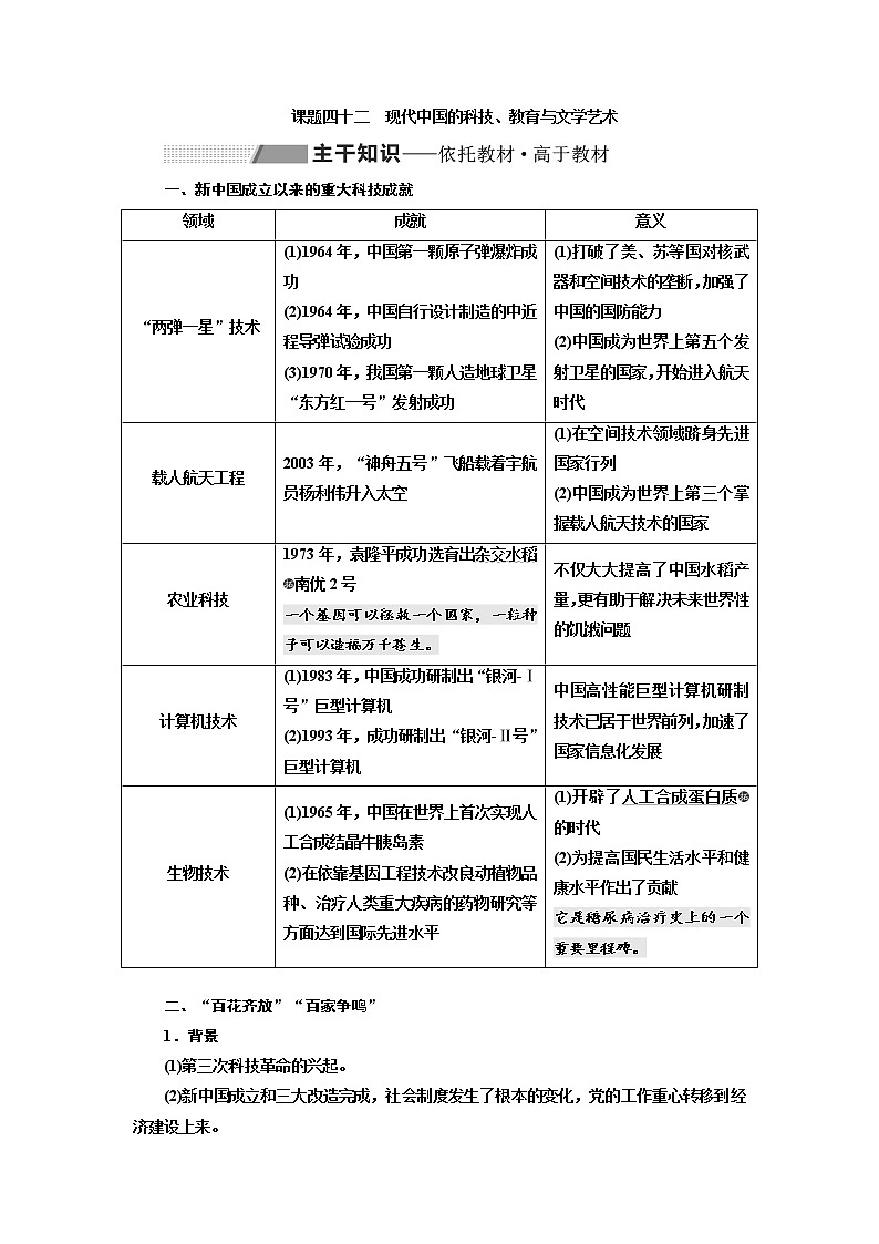2020高考历史新一线大一轮专题复习模式岳麓版讲义：第十四单元课题四十二　现代中国的科技、教育与文学艺术01