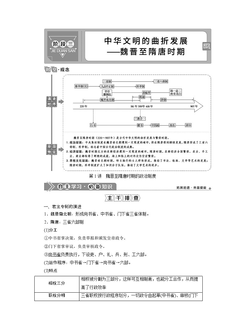 2021版高考历史（人教版通史）一轮复习学案：阶段三　第1讲　魏晋至隋唐时期的政治制度01