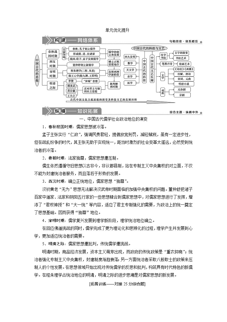 2021版高考历史（岳麓版专题史）一轮复习学案：单元优化提升第十二单元　中国古代思想、科技与文艺01