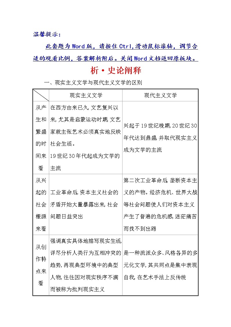 2021版高考历史核心讲练大一轮复习人教通用版史论阐释：第十八单元　知识点一18.43　19世纪以来的世界文学艺术01