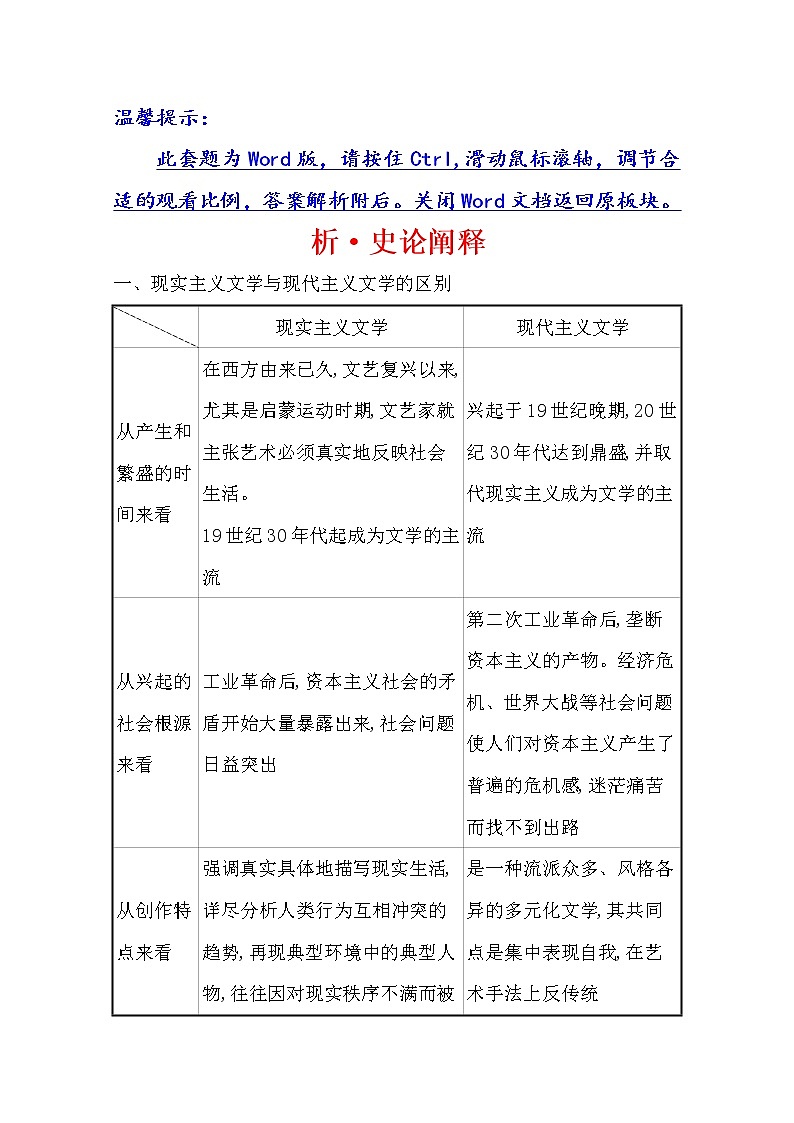 2021版高考历史核心讲练大一轮复习人民版通用史论阐释：专题十八知识点一18.4319世纪以来的世界文学艺术01