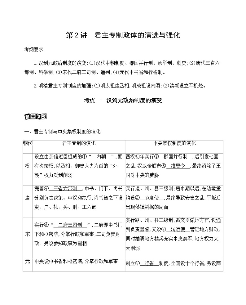 2021版高考历史一轮复习课标人民版讲义：第2讲　君主专制政体的演进与强化01