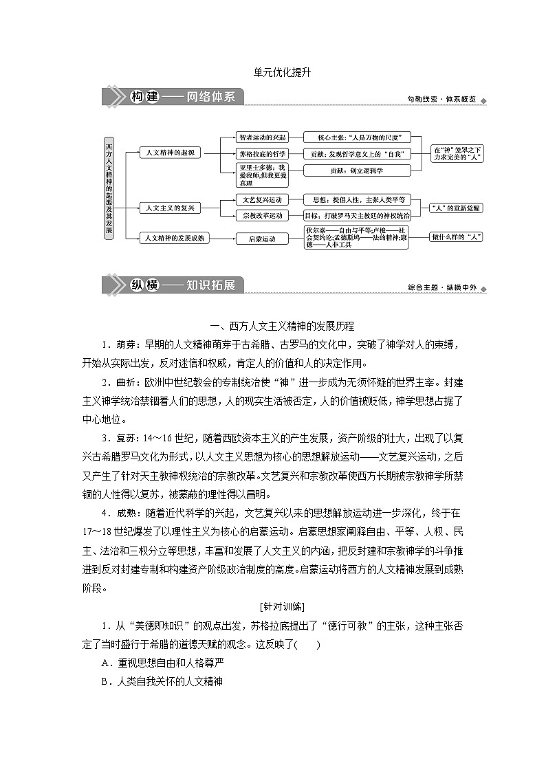 2021版江苏高考选考历史一轮复习学案：单元优化提升第十三单元　西方人文精神的起源及其发展01