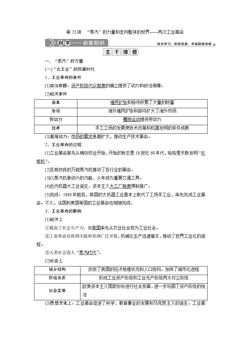 2021版江苏高考选考人民版历史（专题史）一轮复习讲义：第23讲　“蒸汽”的力量和走向整体的世界——两次工业革命01