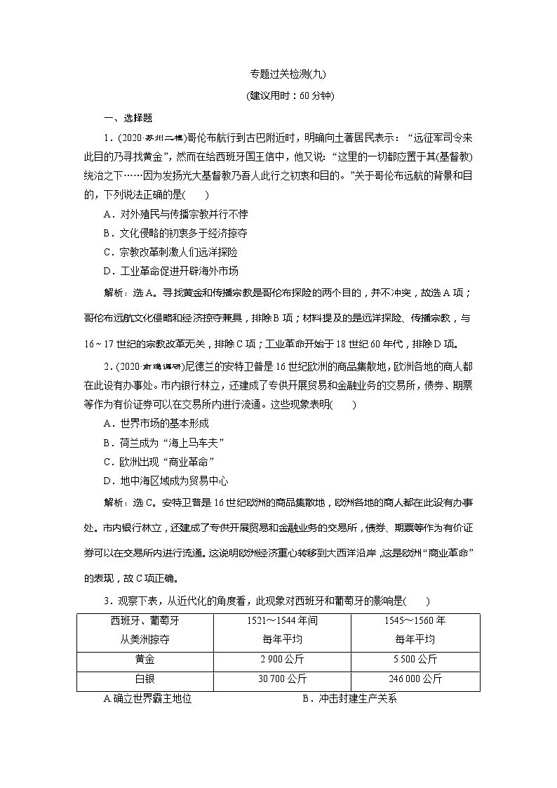 2021版江苏高考选考人民版历史（专题史）一轮复习讲义：专题过关检测（九）01