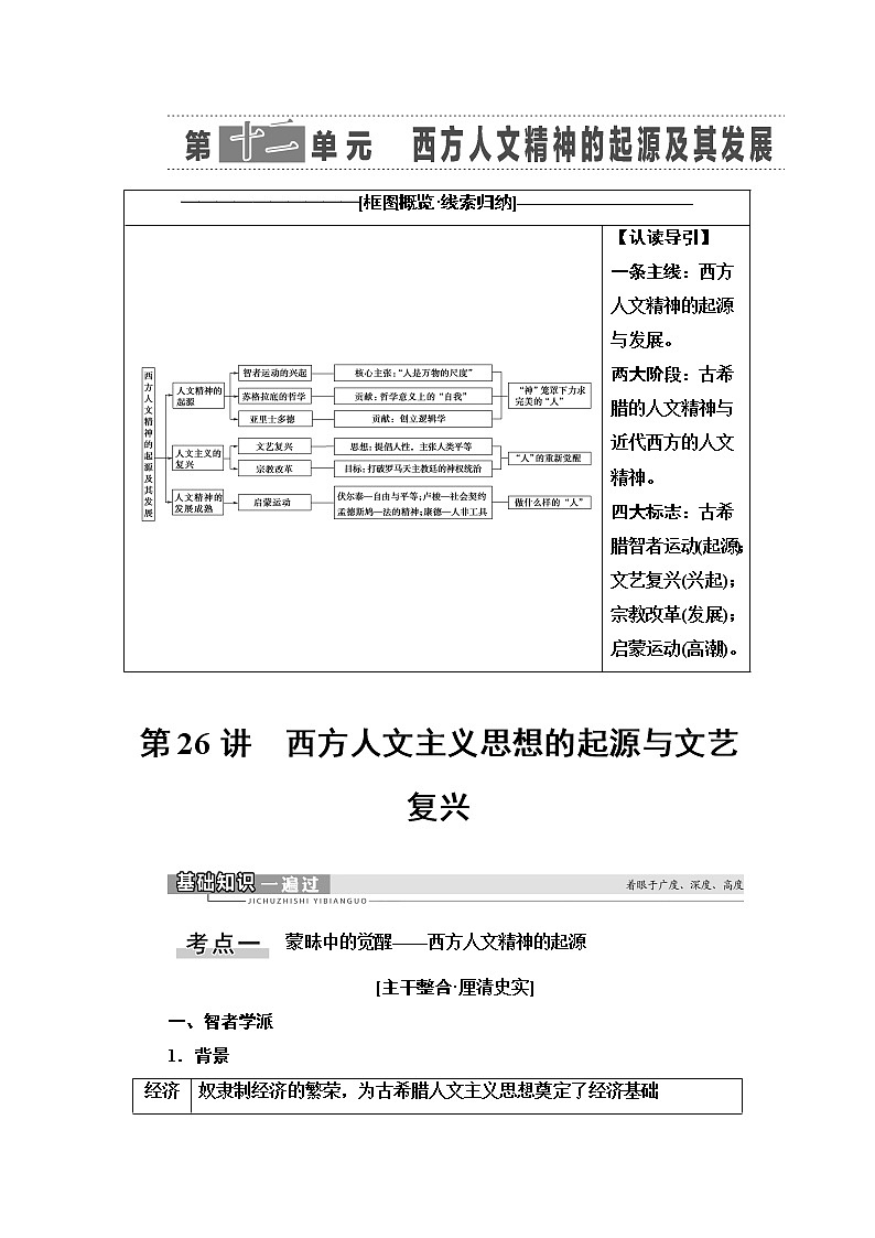 2021版新高考历史（人教版）一轮复习教师用书：模块3第12单元第26讲　西方人文主义思想的起源与文艺复兴第1页