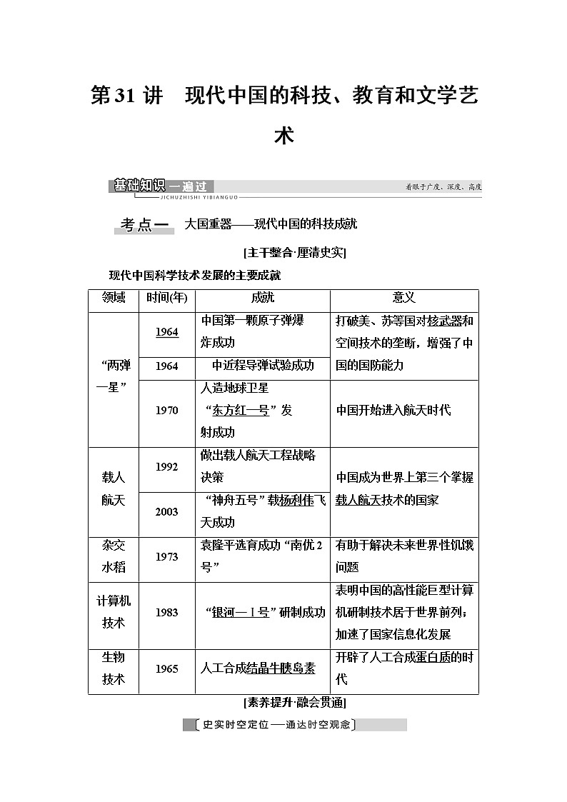 2021版新高考历史（人教版）一轮复习教师用书：模块3第14单元第31讲　现代中国的科技、教育和文学艺术01