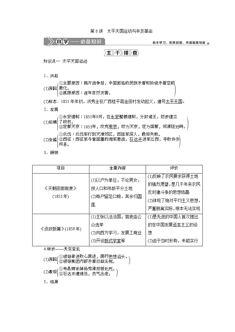 2021版新高考选考历史（人教版专题史）一轮复习学案：第6讲　太平天国运动与辛亥革命01